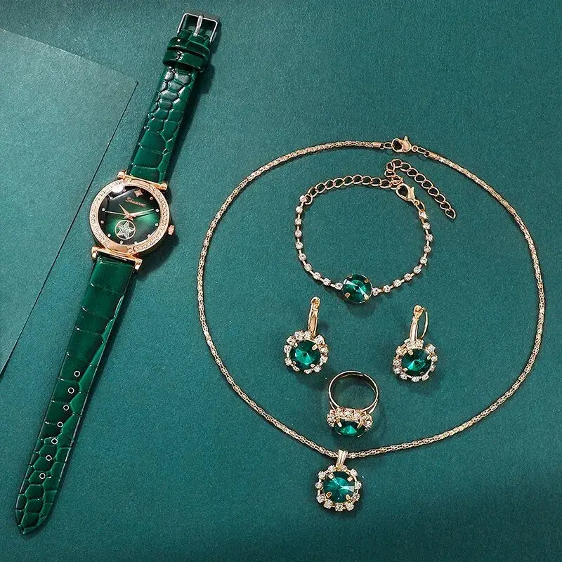 Green luxury quartz watch set for women by Lamp Post, featuring a stylish green strap and matching elegant dial.
