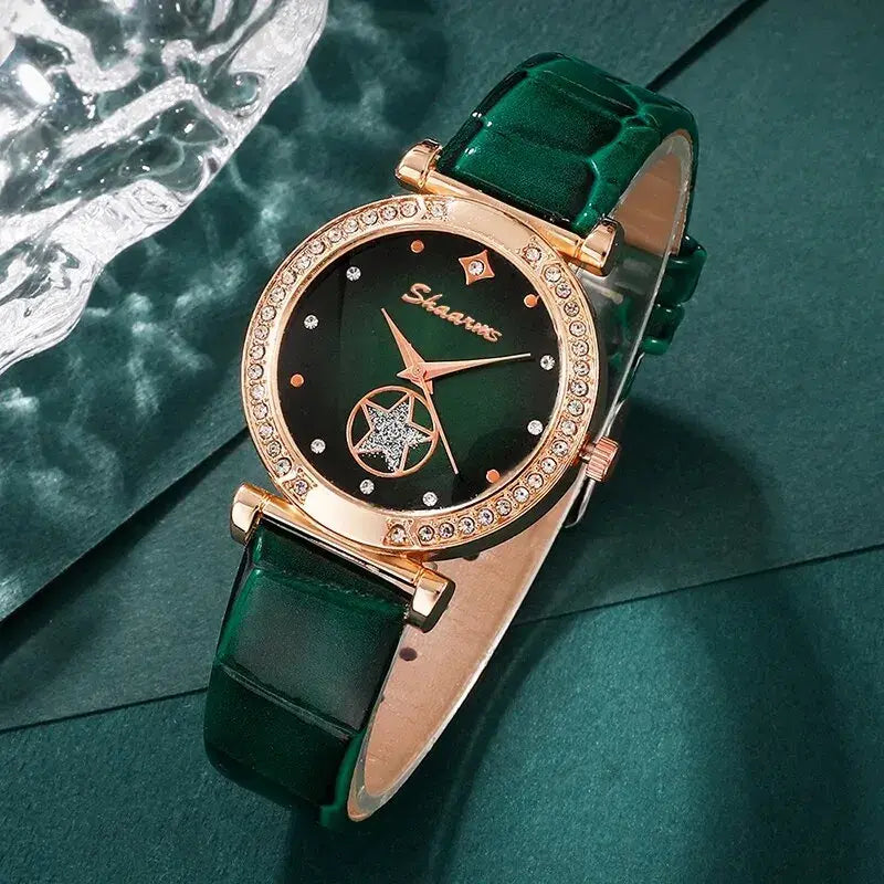 Green luxury quartz watch set for women by Lamp Post, featuring a stylish green dial and matching bracelet.