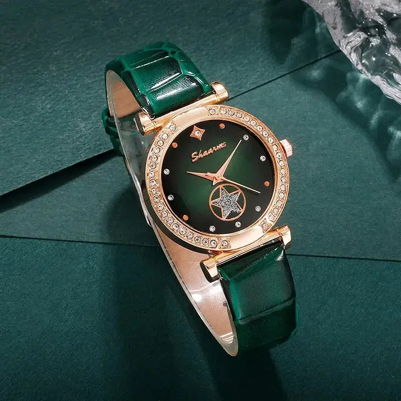 Green luxury quartz watch set for women by Lamp Post, featuring a stylish watch with matching accessories.