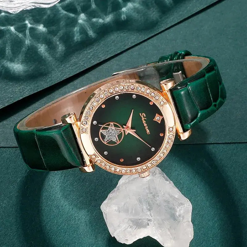 Elegant green luxury quartz watch set for women by Lamp Post, featuring a stylish watch and matching accessories.