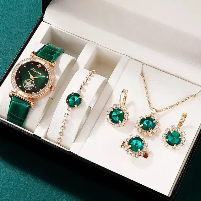 Green luxury quartz watch set for women by Lamp Post, featuring a stylish watch with matching accessories on a white background.