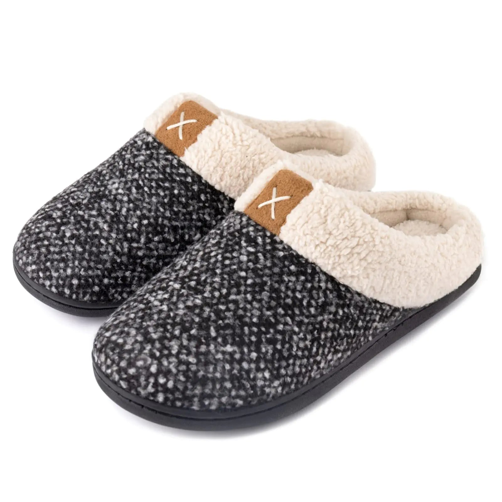 Gray women's slipper with memory foam from Lamp Post, featuring a soft, plush interior and slip-on design for comfort.