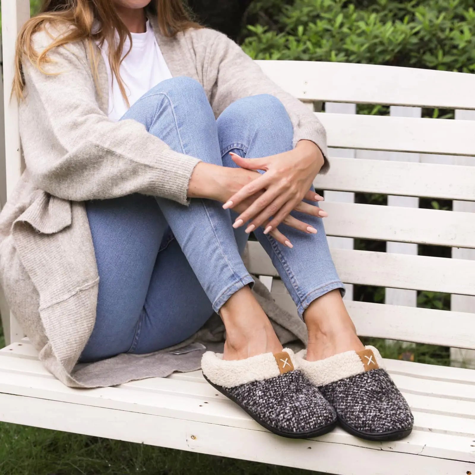 Gray women's slippers with memory foam from Lamp Post, featuring soft, cushioned soles for comfort at home.