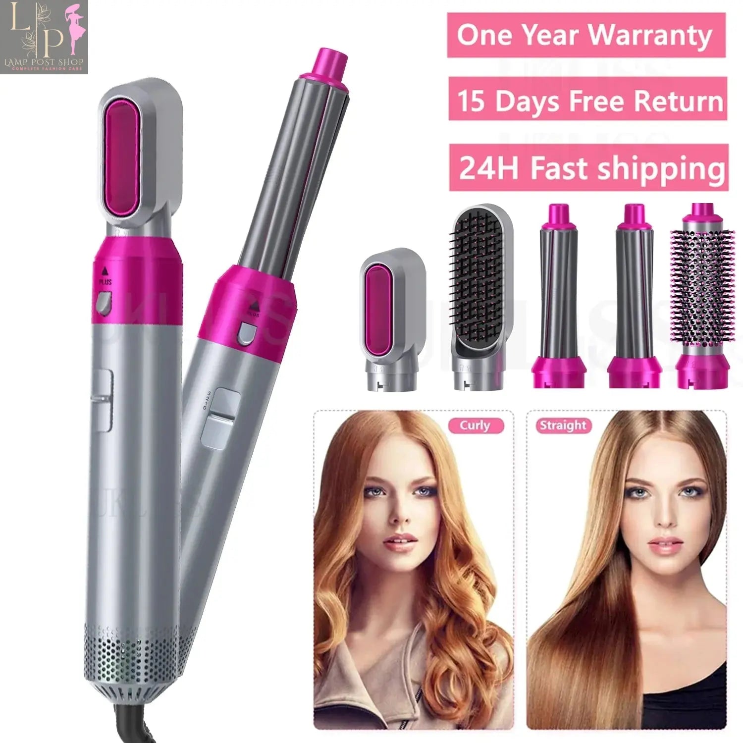 Lamp Post 5-in-1 electric hair dryer brush with hot air, showcasing the versatile hair dryer and styling tool in action.