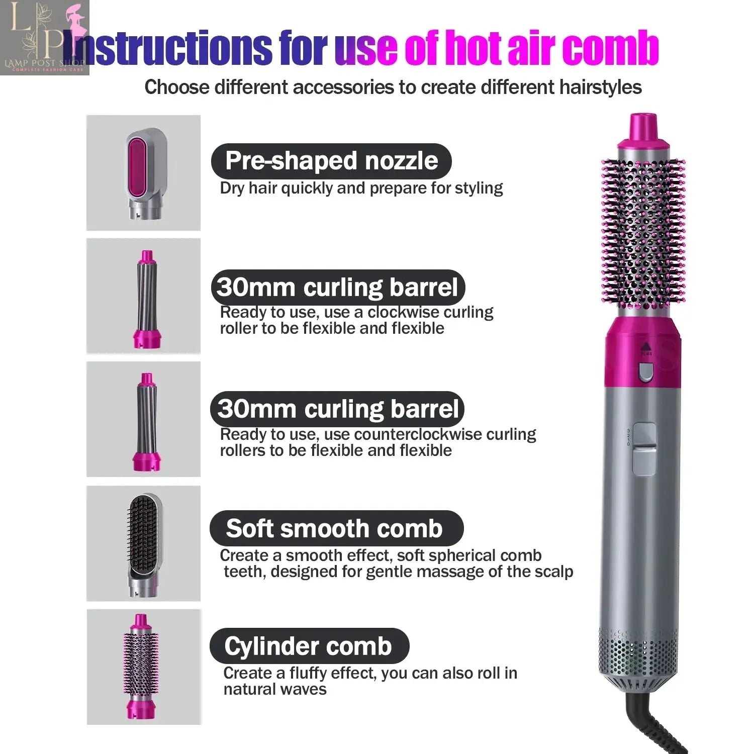 Lamp Post 5-in-1 electric hair dryer brush with hot air and multiple styling attachments, UK plug, and ergonomic design.