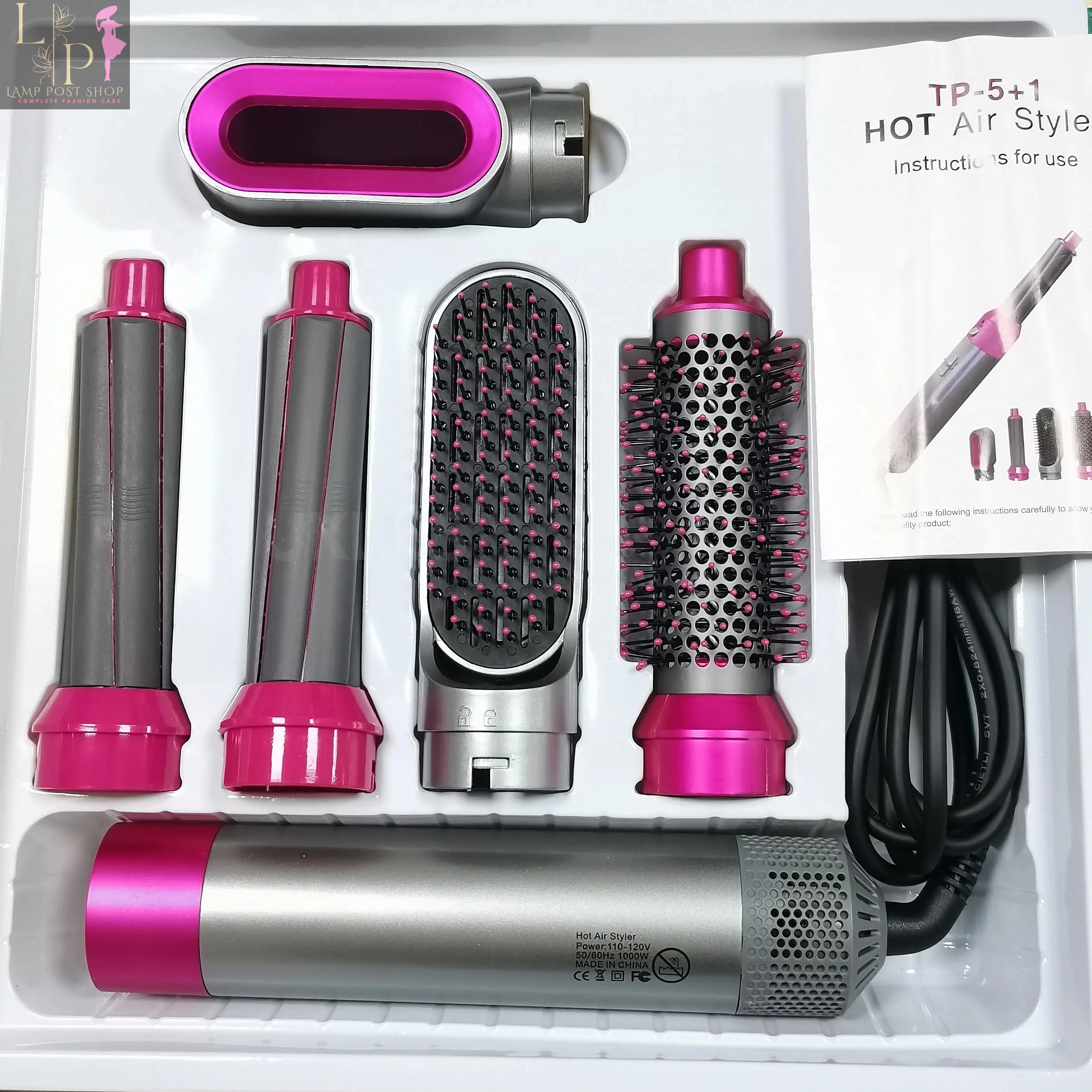 Lamp Post 5-in-1 electric hair dryer brush with hot air styling, UK plug, and versatile hair drying and styling features.