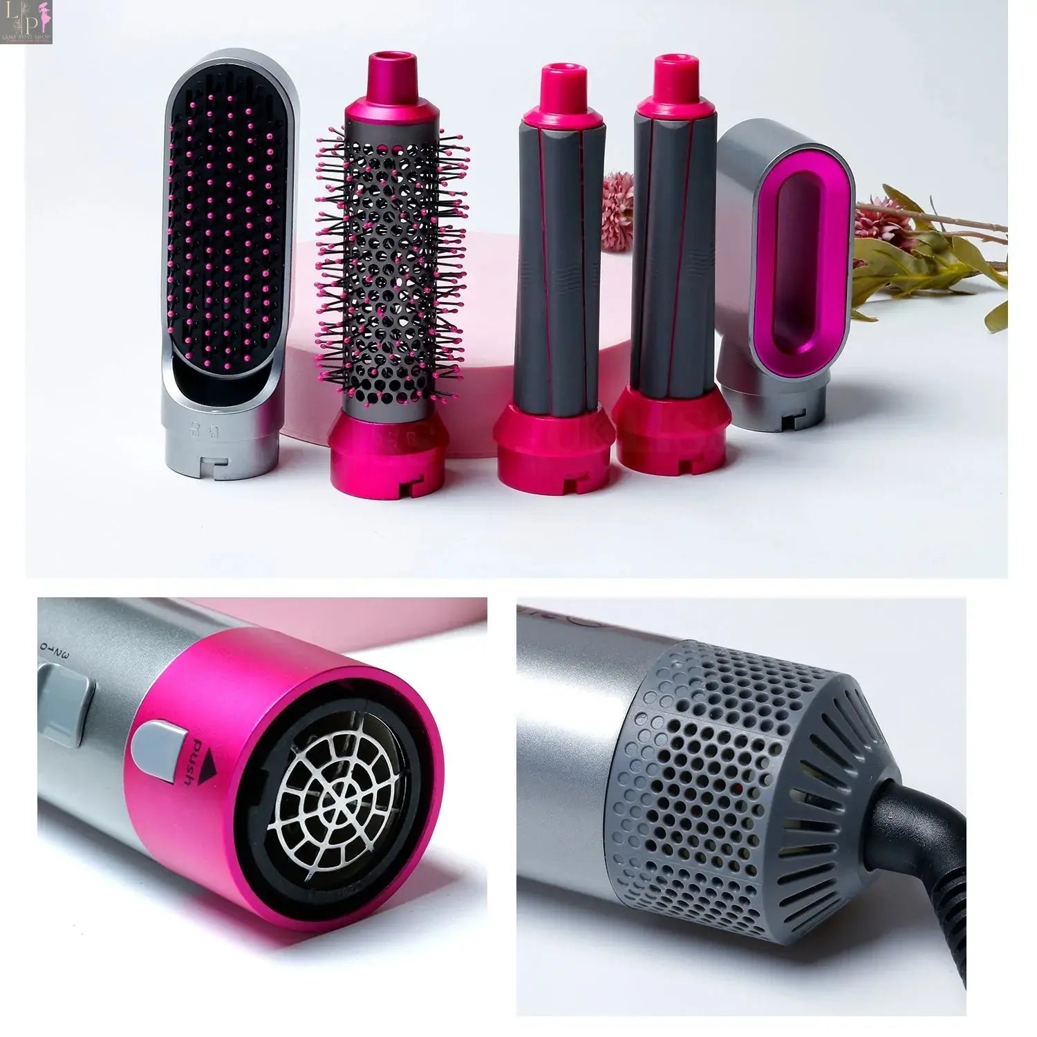 Lamp Post 5-in-1 electric hair dryer brush with hot air and UK plug, showcasing its versatile design for hair styling.
