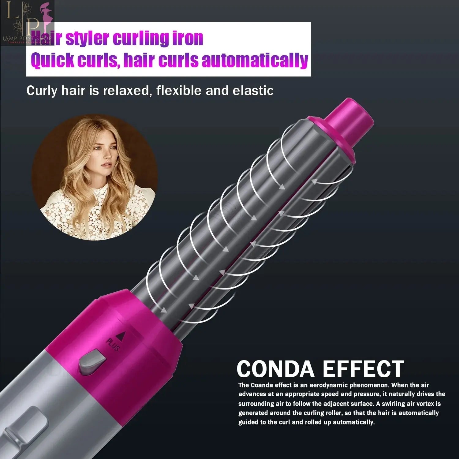 Lamp Post 5-in-1 electric hair dryer brush with hot air and brush attachments, designed for versatile hair styling.