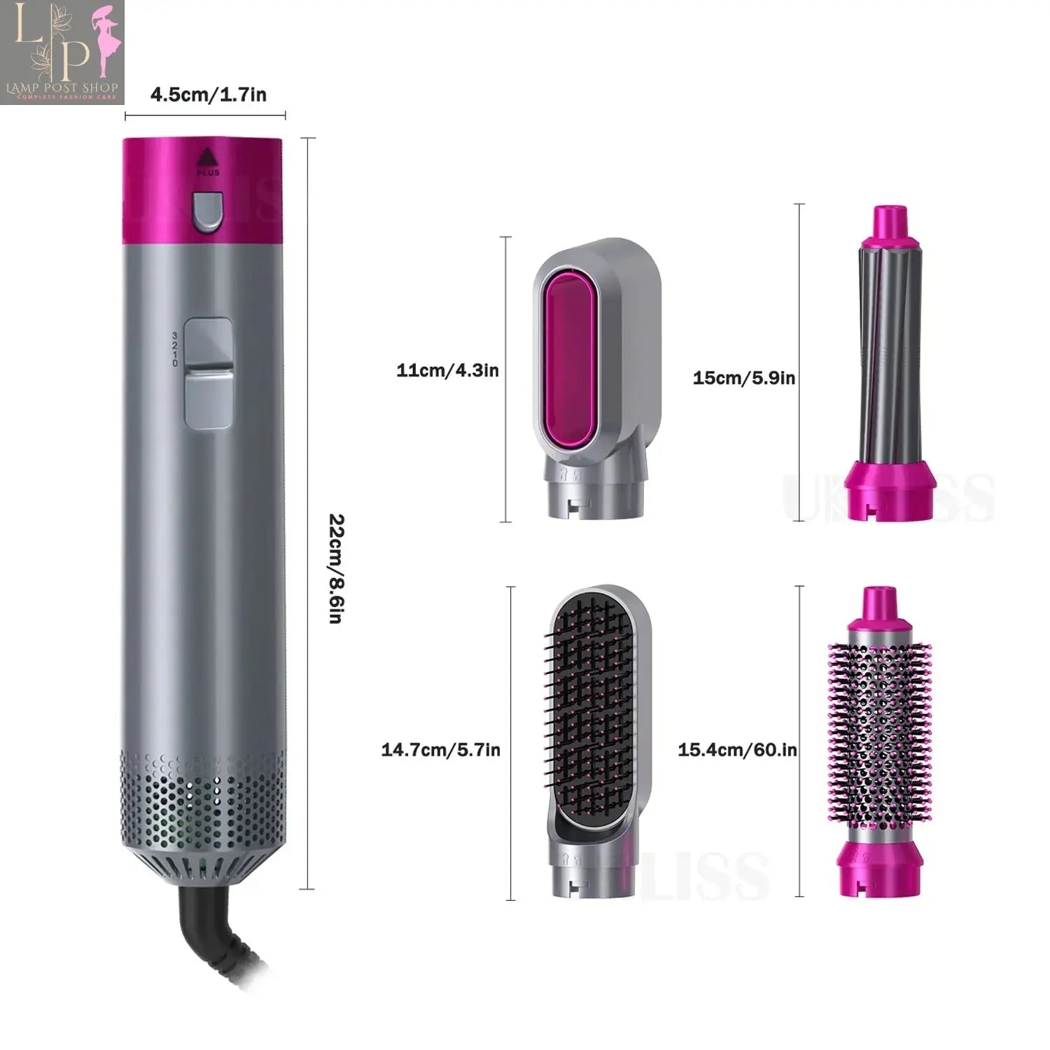 Lamp Post 5-in-1 electric hair dryer brush with hot air and UK plug, showing the versatile styling tool with multiple attachments.