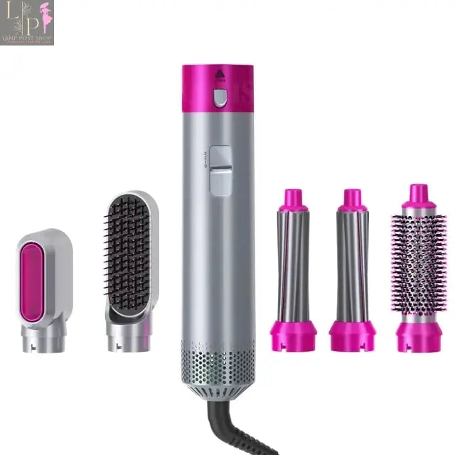 Lamp Post 5-in-1 electric hair dryer brush with hot air, featuring multiple styling attachments for versatile hair drying and styling.
