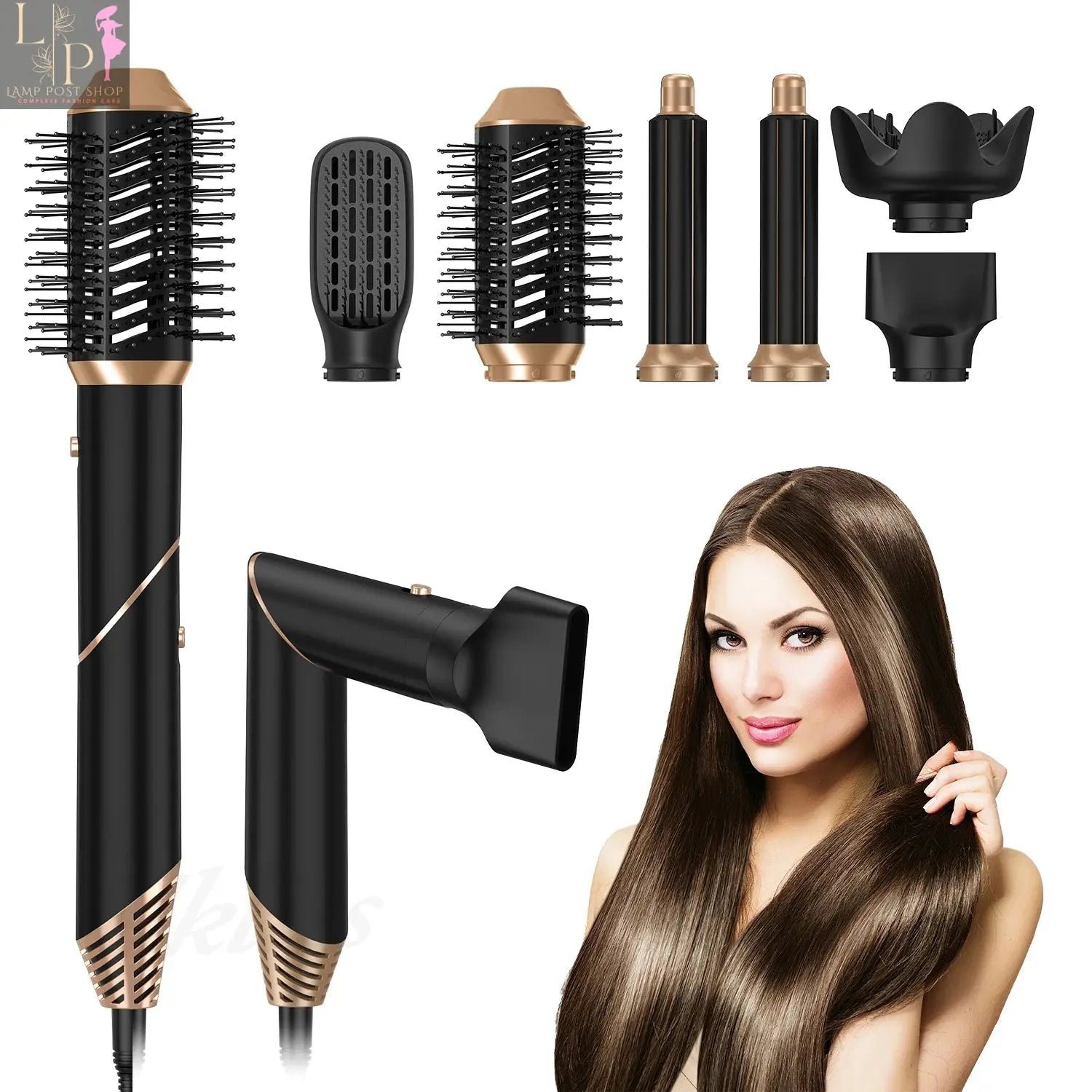 Lamp Post 5-in-1 electric hair dryer with curling iron, straightener, and hairbrush functions in black, EU plug, versatile styling tool.