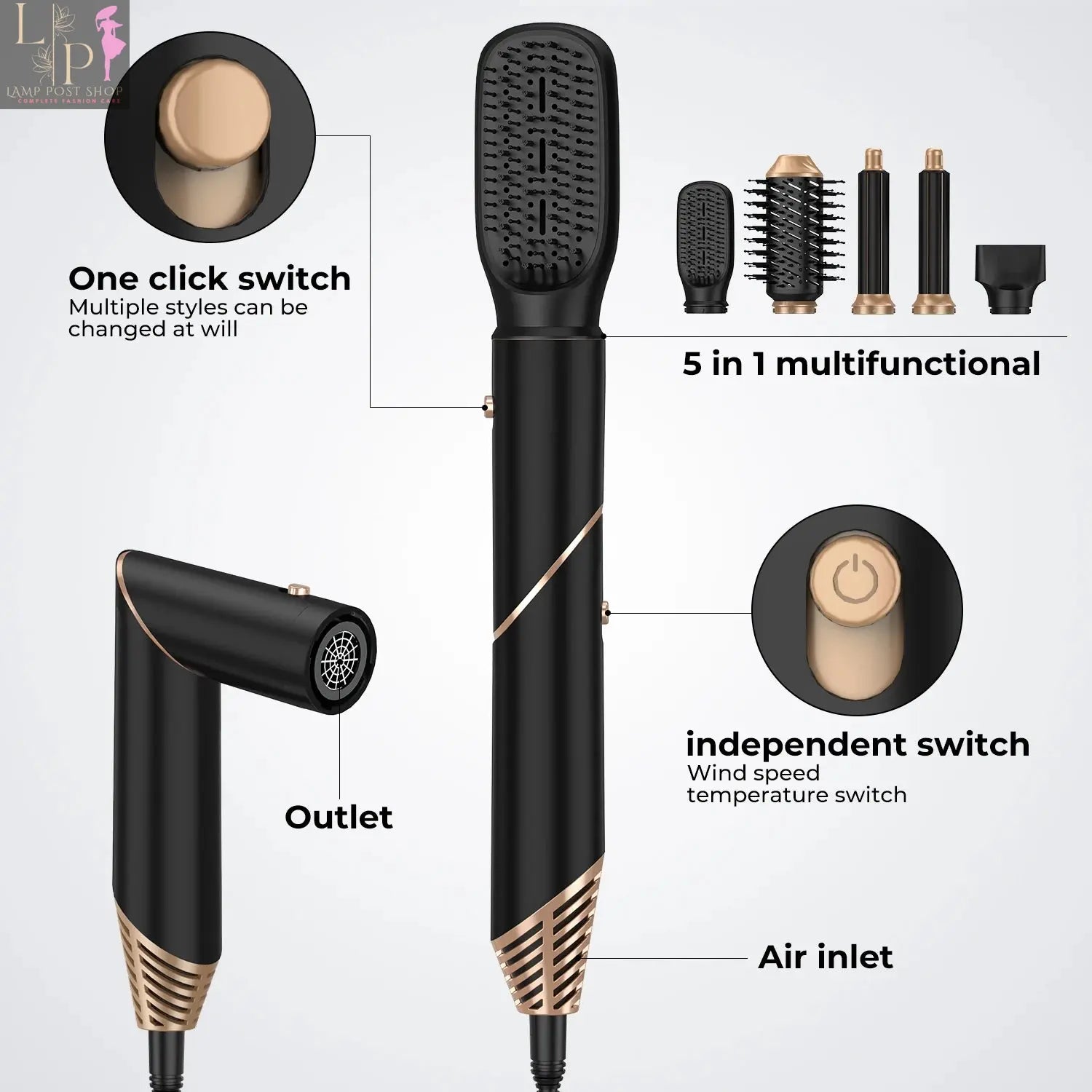 Lamp Post 5-in-1 electric hair dryer with curling iron, straightener, and hairbrush features in black.