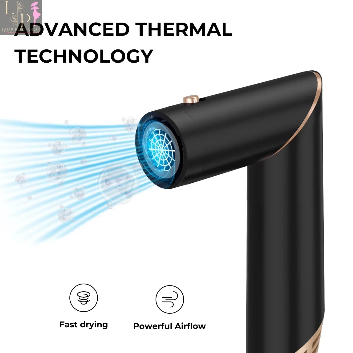 Black Lamp Post 5-in-1 hair dryer with curling iron, straightener, hairbrush, and electric hairdryer for versatile styling.
