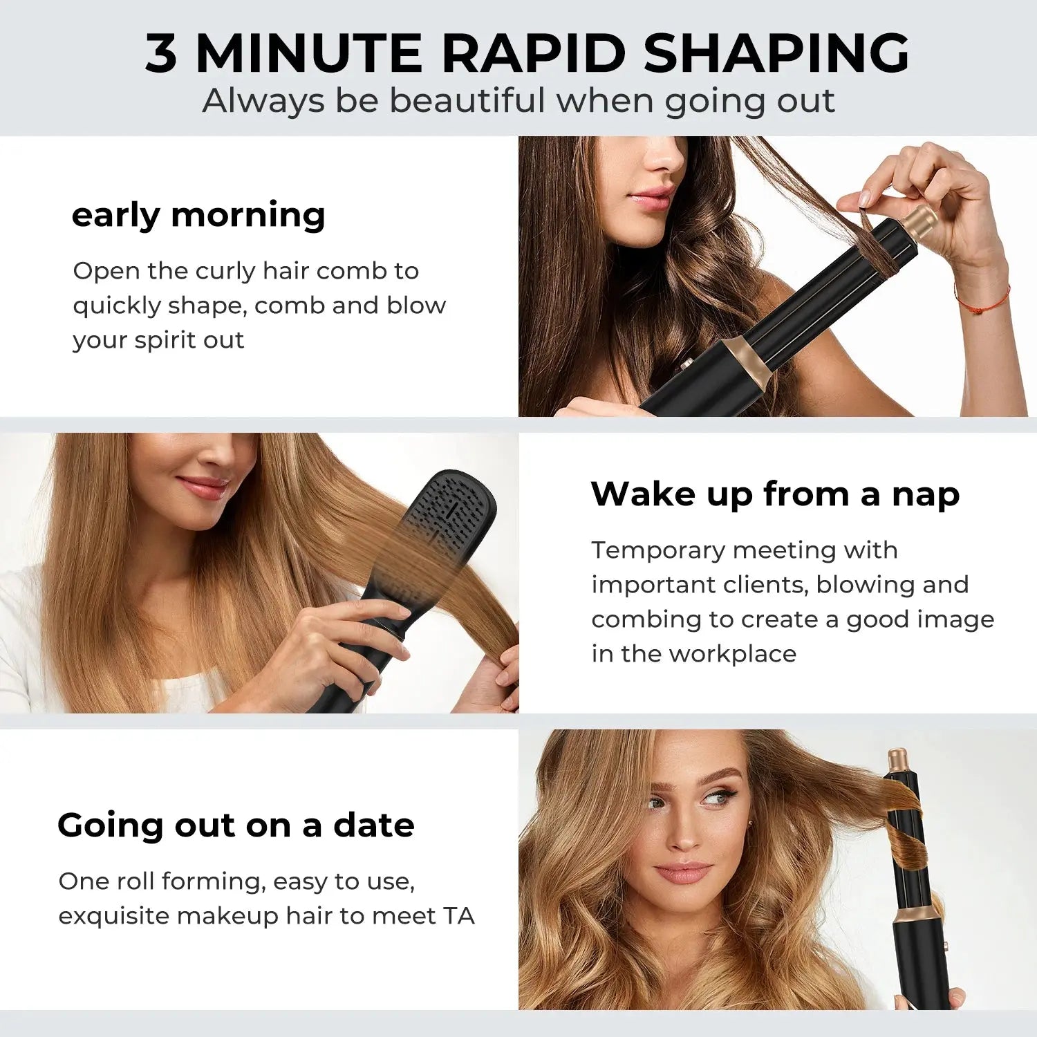 Black Lamp Post 5-in-1 electric hair dryer with curling iron, straightener, and hairbrush attachments, showcasing versatile styling tools.