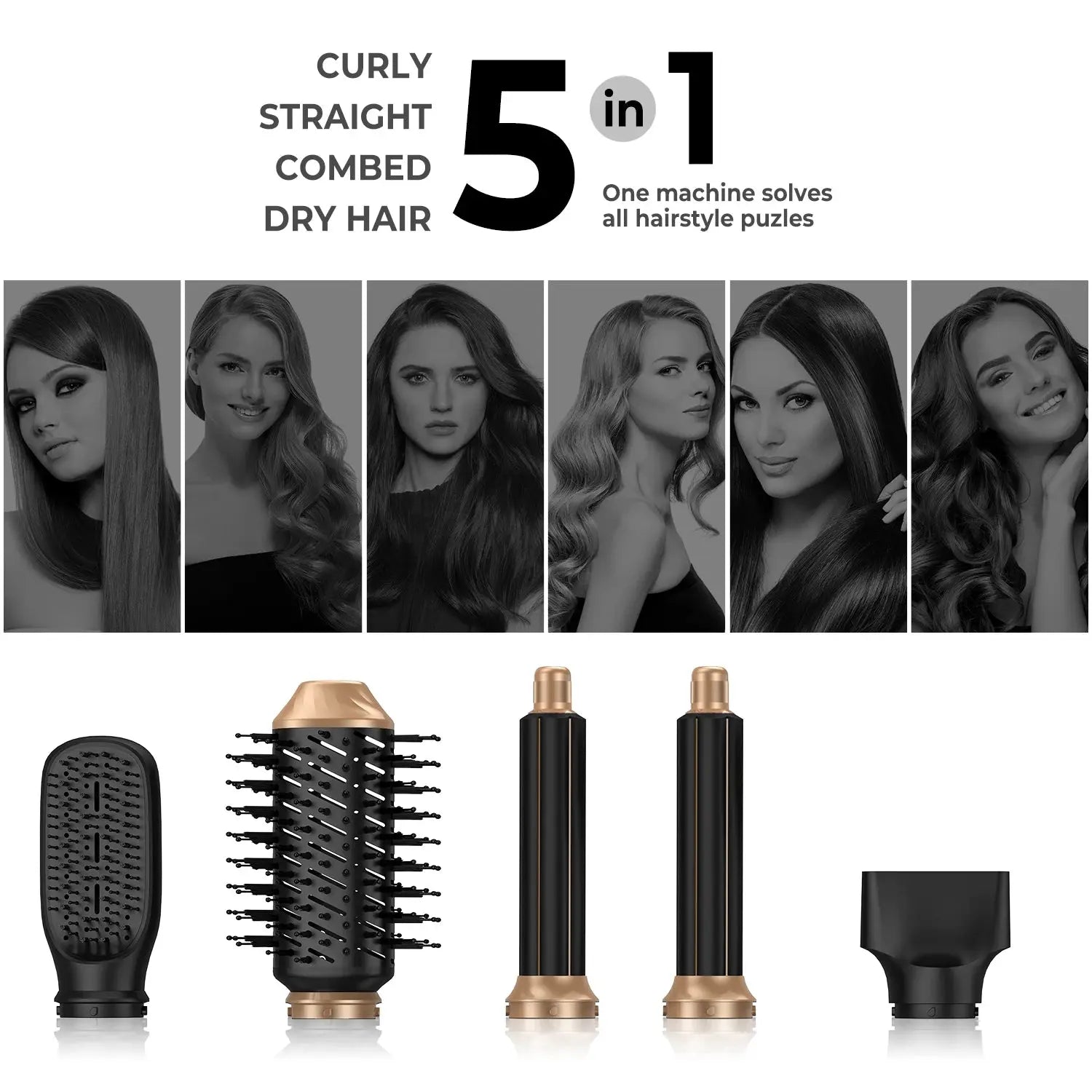 Black Lamp Post 5-in-1 hair dryer with curling iron, straightener, and hairbrush attachments, electric hairdryer for versatile styling.