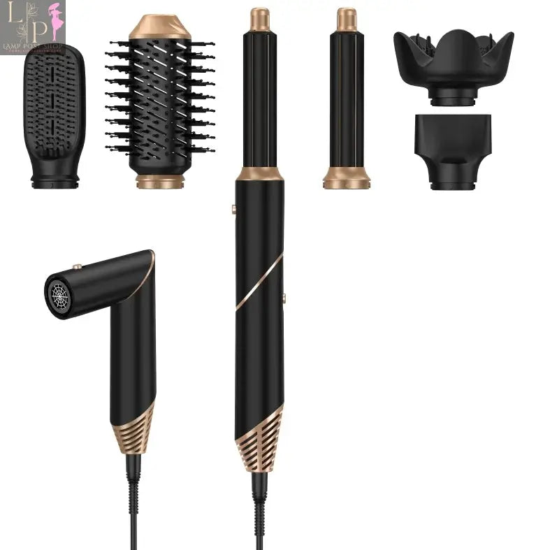 Black Lamp Post 5-in-1 electric hair dryer with curling iron, straightener, and hairbrush attachments, versatile hair styling tool.