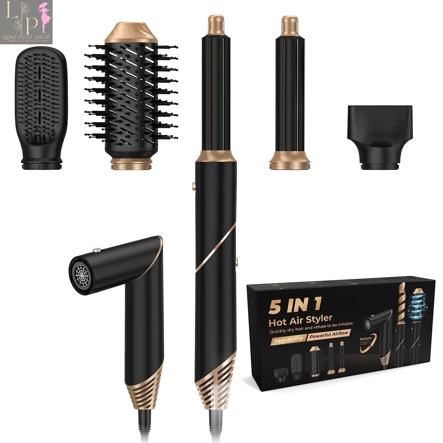 Black Lamp Post 5-in-1 hair dryer with curling iron, straightener, hairbrush, and electric hairdryer features.
