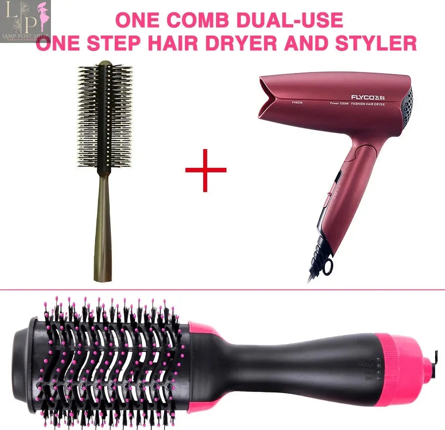 Black Lamp Post hair dryer brush with hot air styling, volumizer, straightener, and curling iron functions in a compact electric design.