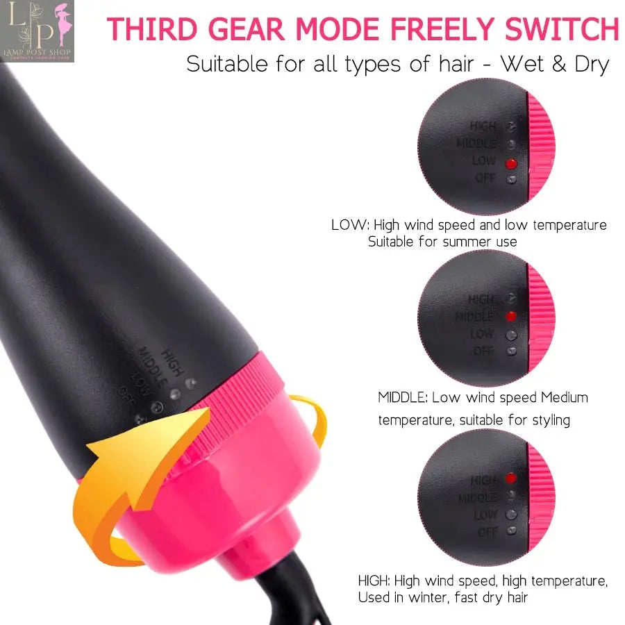 Lamp Post black hair dryer brush with hot air styling, volumizer, straightener, curling iron, and electric comb for versatile hair styling.