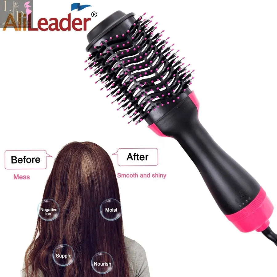 Black Lamp Post hair dryer brush with hot air styling, volumizer, straightener, curling iron, and electric curling comb.