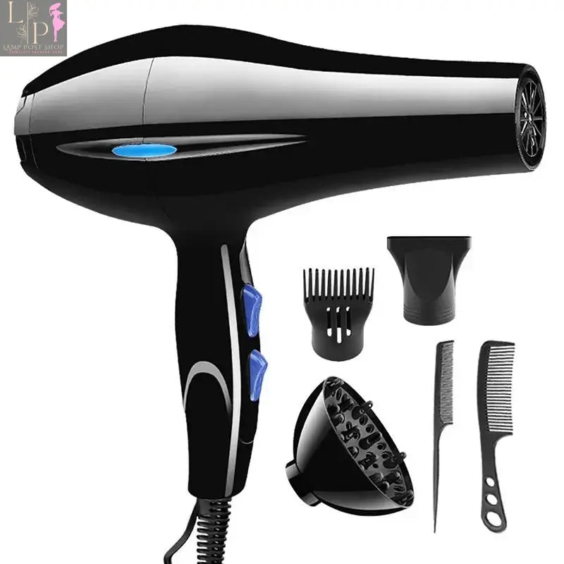 Lamp Post 2200W ionic hair dryer in black with cold and hot air modes and diffuser, displayed with a sleek design and adjustable settings.