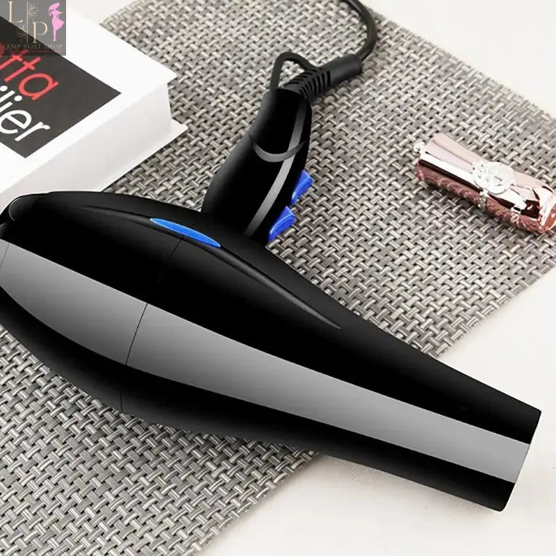 Black Lamp Post ionic hair dryer with 2200W power, cold and hot air modes, and a diffuser attachment.