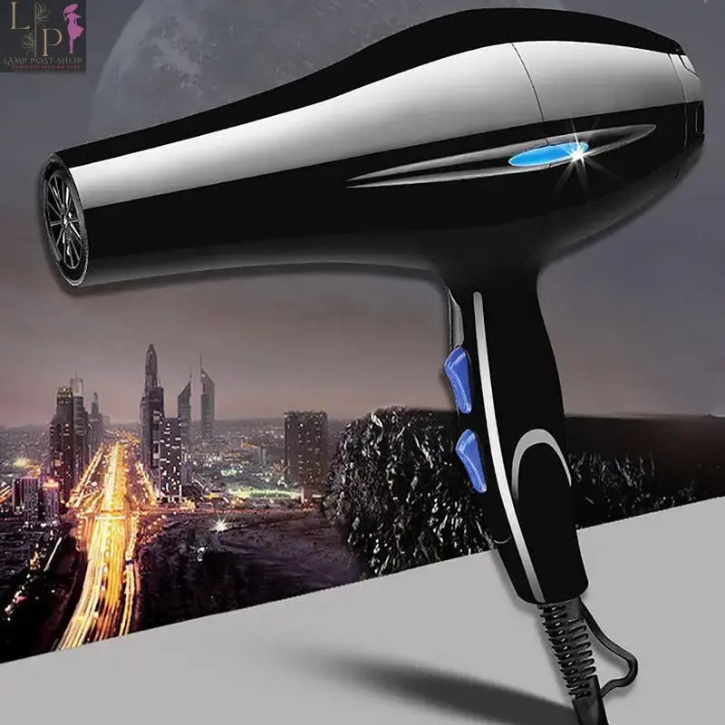 Black Lamp Post ionic hair dryer with 2200W power, cold and hot air modes, and diffuser attachment for blow-drying.