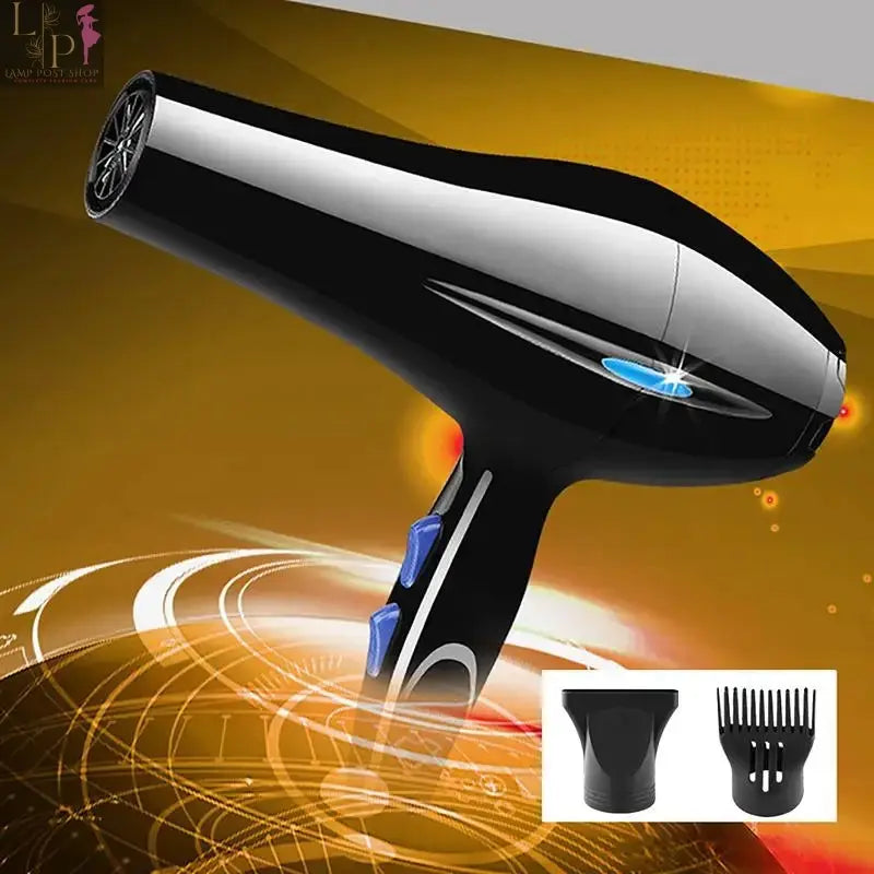 Black Lamp Post 2200W ionic hair dryer with diffuser, showing hot and cold air modes and ergonomic handle.