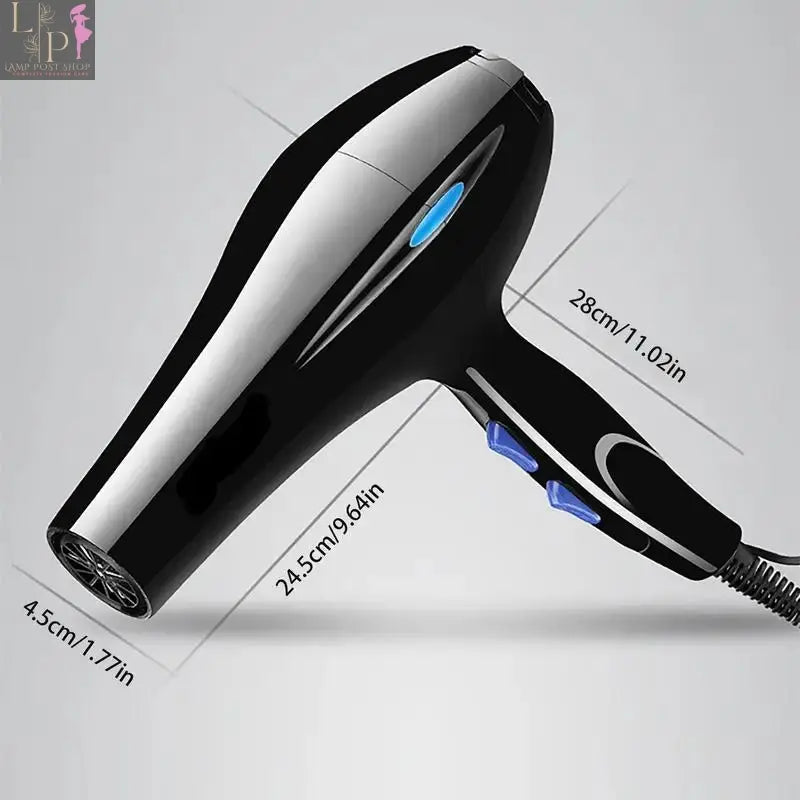 Black Lamp Post high-power 2200W ionic hair dryer with cold and hot air modes and diffuser attachment.