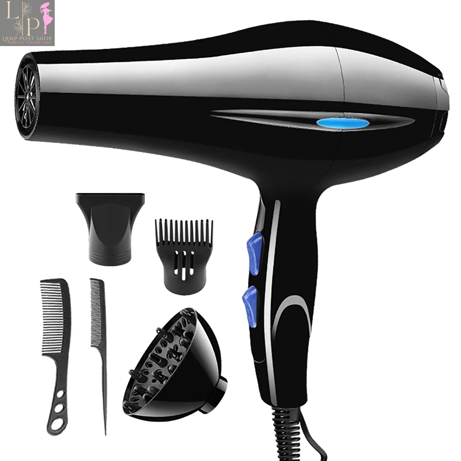 Black Lamp Post high-power 2200W ionic hair dryer with cold and hot air modes, diffuser, and ergonomic handle.