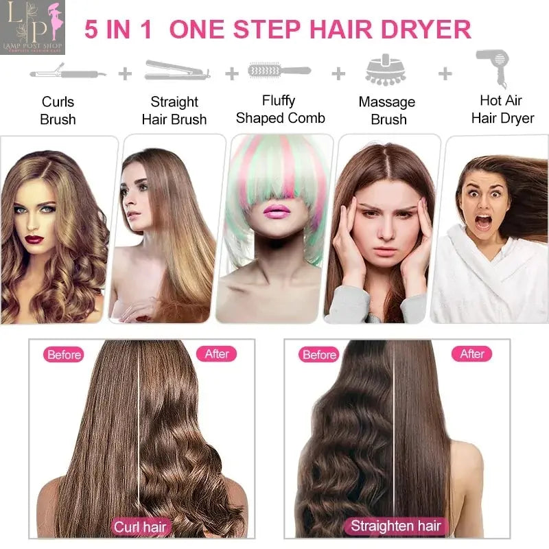 Lamp Post 2-in-1 hair dryer and hot air brush in black and pink, combines straightener and curler with ionic blow drying technology.