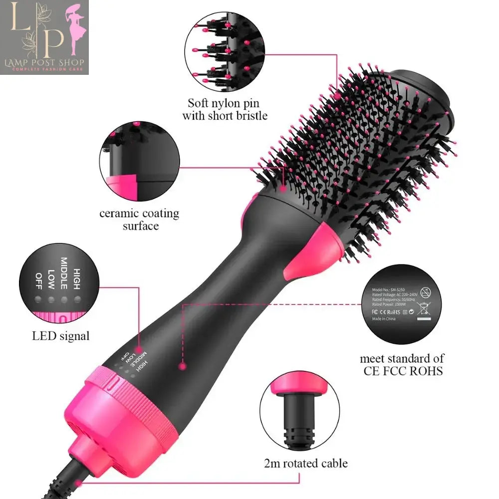 Black Lamp Post 2-in-1 hair dryer and hot air brush with pink accents, combining straightener and curler for versatile styling.