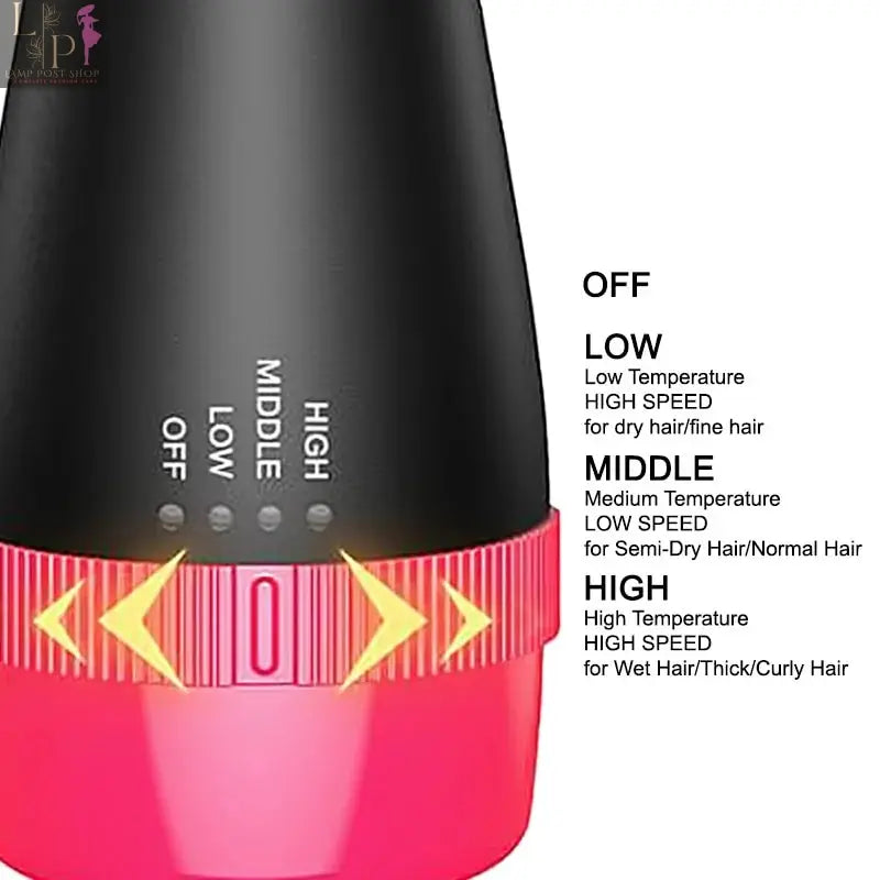 Lamp Post black 2-in-1 hair dryer and hot air brush with pink accents, combines straightening and curling functions, electric ion technology.