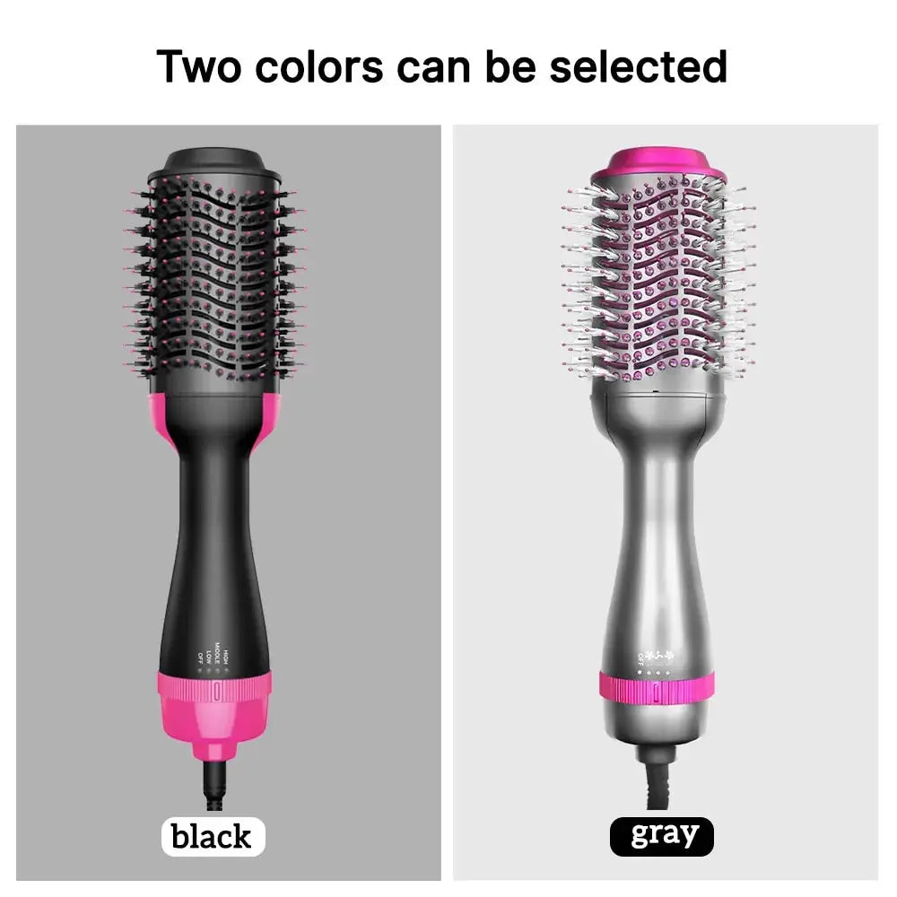 Lamp Post 2-in-1 hair dryer and hot air brush in black with pink, combining straightener and curler for versatile styling.