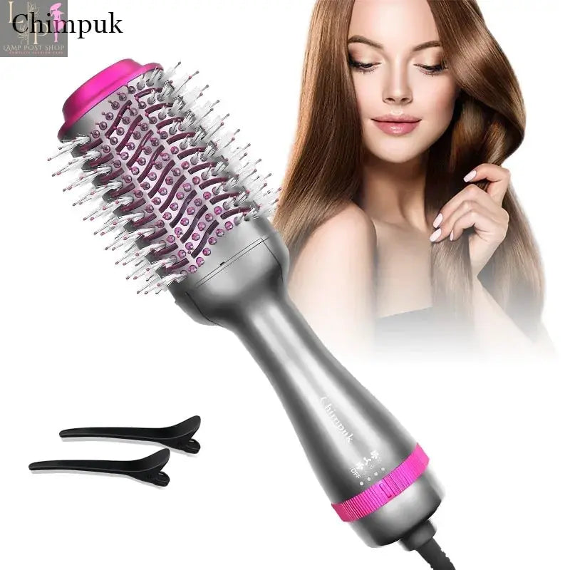 Lamp Post 2-in-1 hair dryer and hot air brush in black with pink, combining straightener and curler for smooth, styled hair.
