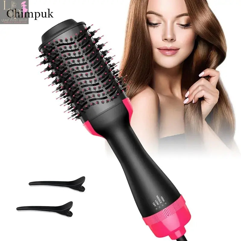Lamp Post 2-in-1 hair dryer and hot air brush in black and pink, combines straightening and curling with ionic blow drying technology.