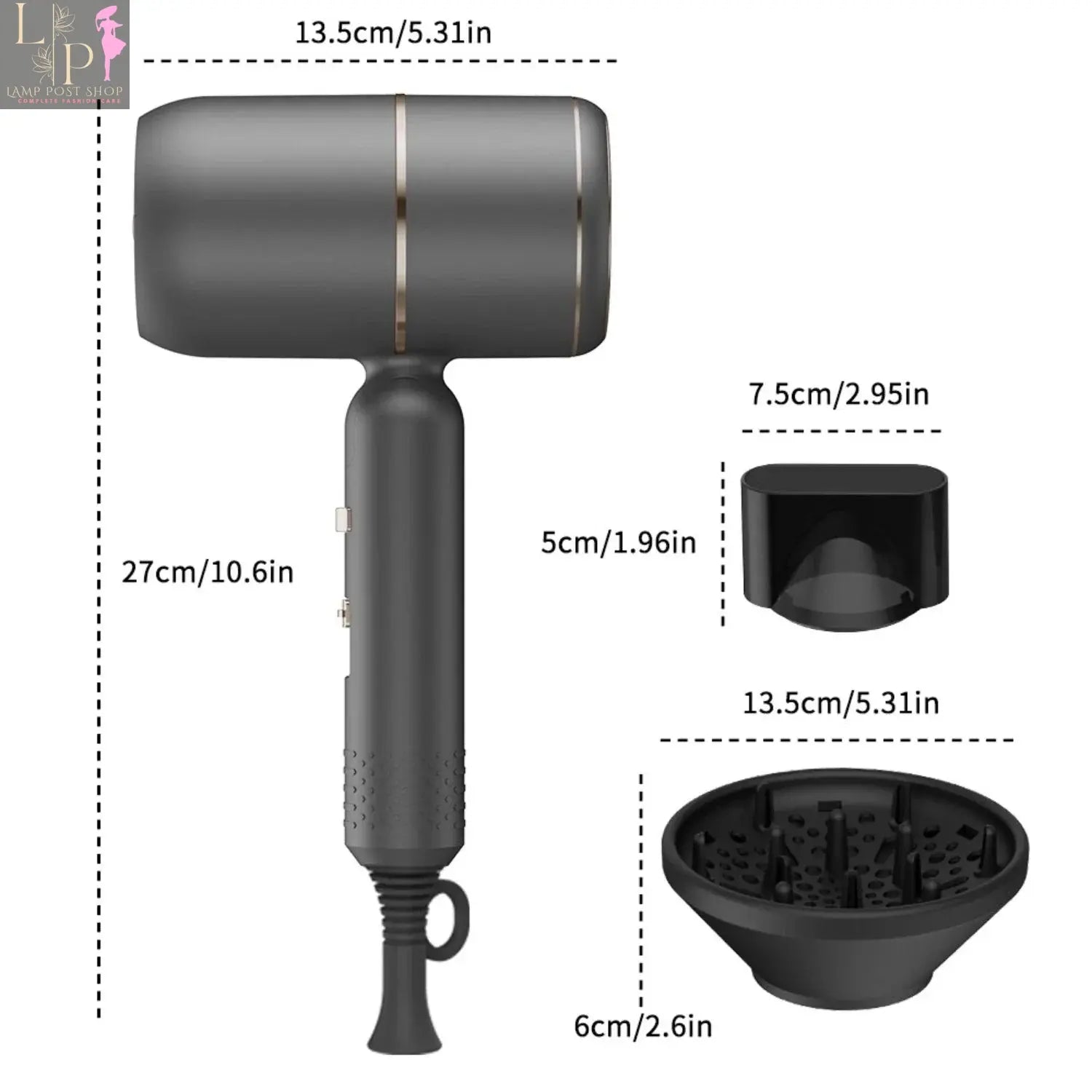 Portable purple ionic hair dryer with diffuser by Lamp Post, designed for professional styling and easy handling.