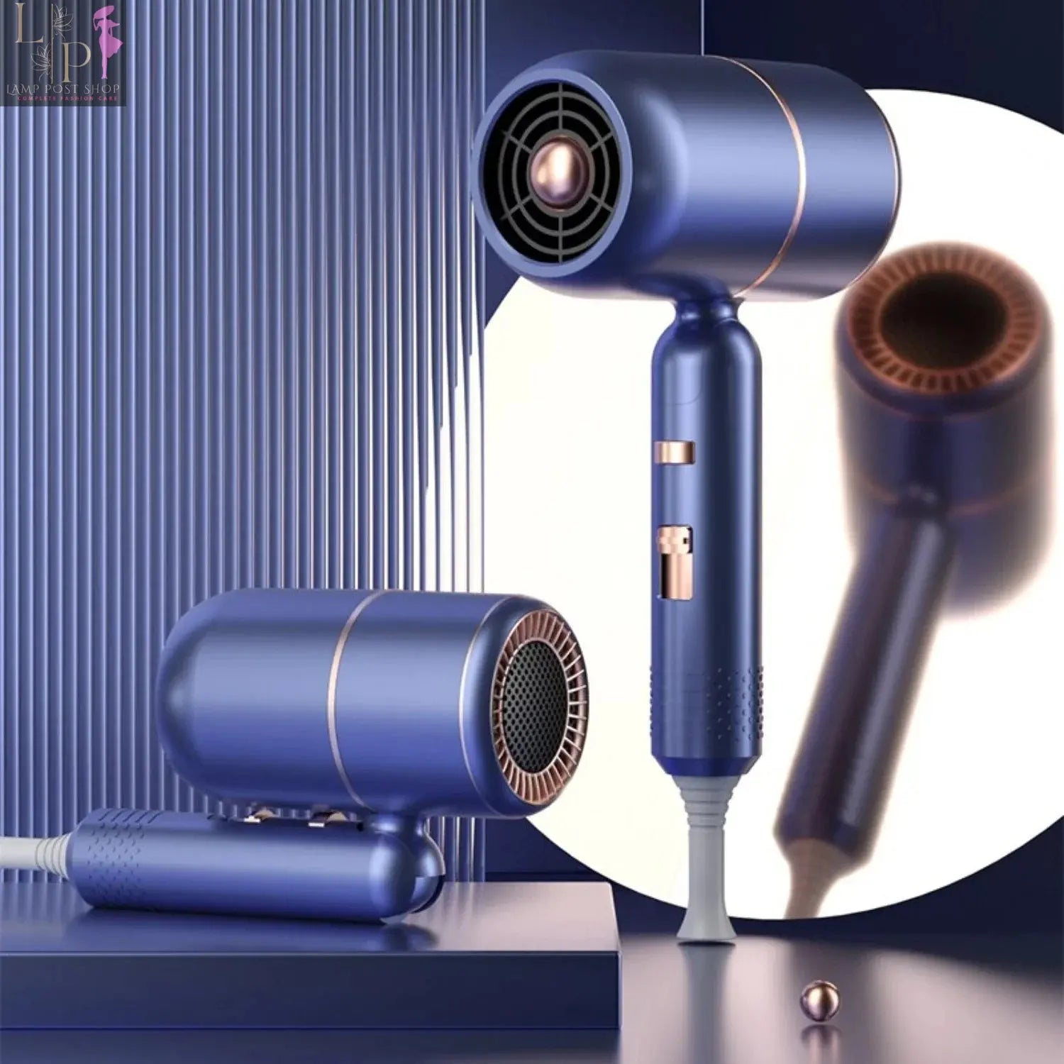 Purple ionic hair dryer with diffuser from Lamp Post, portable and professional styling tool for quick, effective blow-drying.