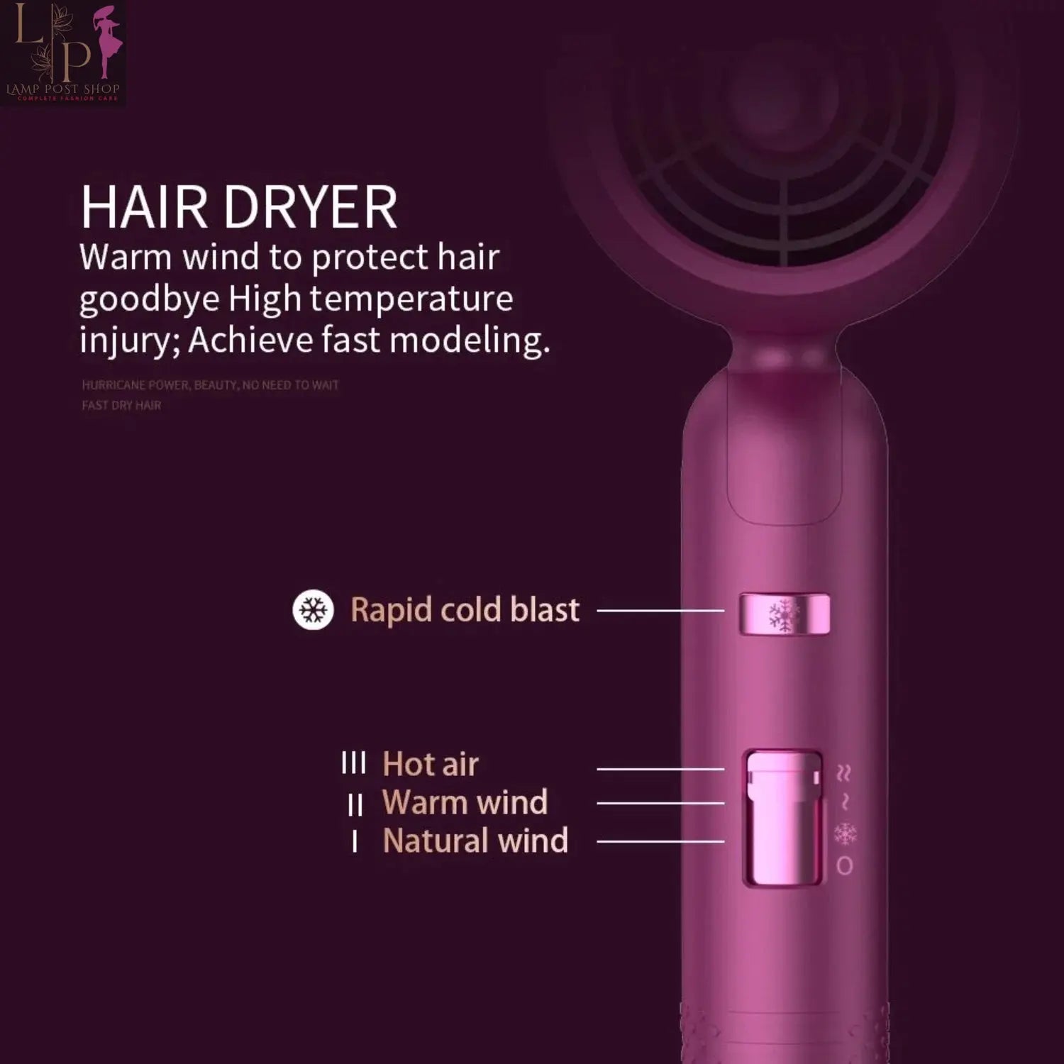 Portable purple ionic hair dryer with diffuser from Lamp Post, designed for professional styling and quick drying.