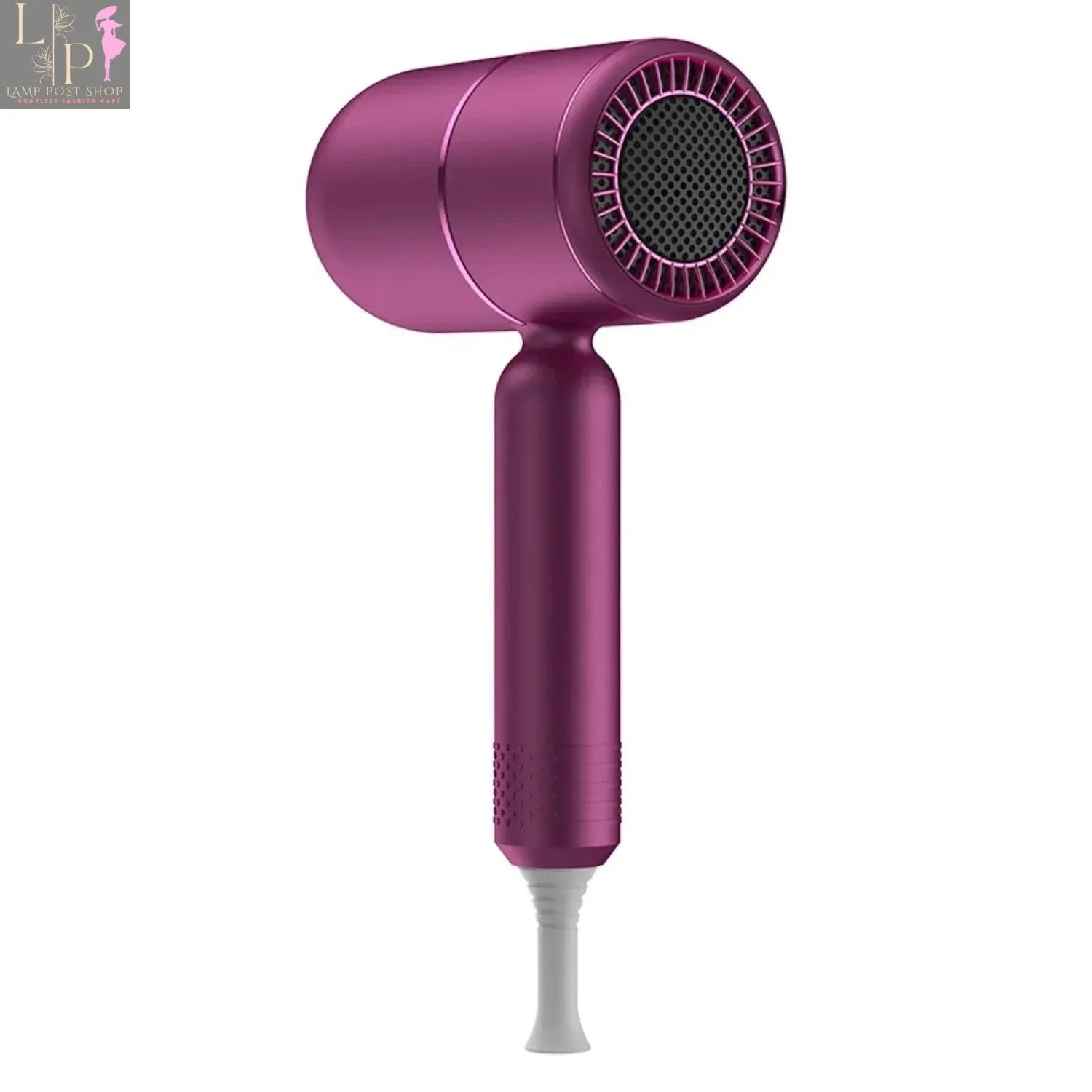 Portable purple Ionic hair dryer with diffuser by Lamp Post, featuring a sleek deep blue design for professional styling.