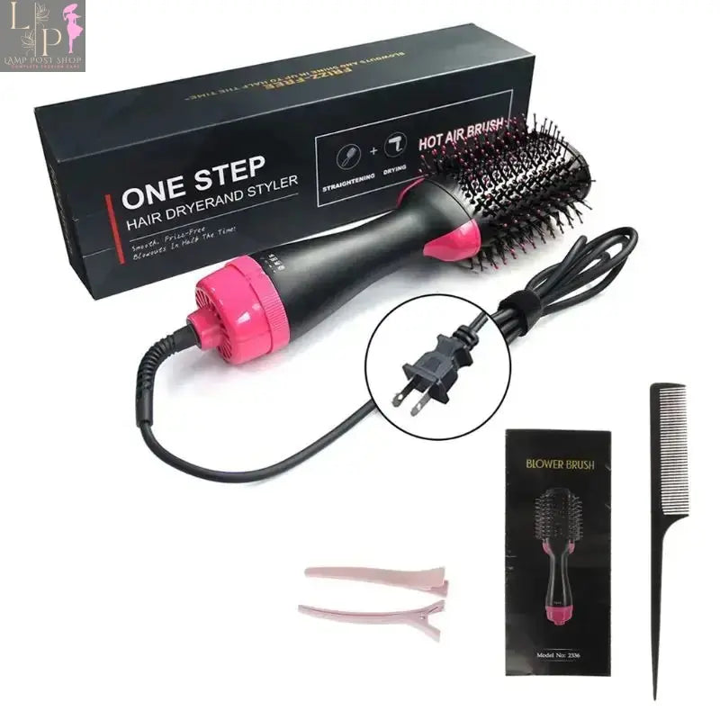 Lamp Post 2-in-1 multifunctional hair dryer, lightweight black device with foldable handle and various styling attachments.