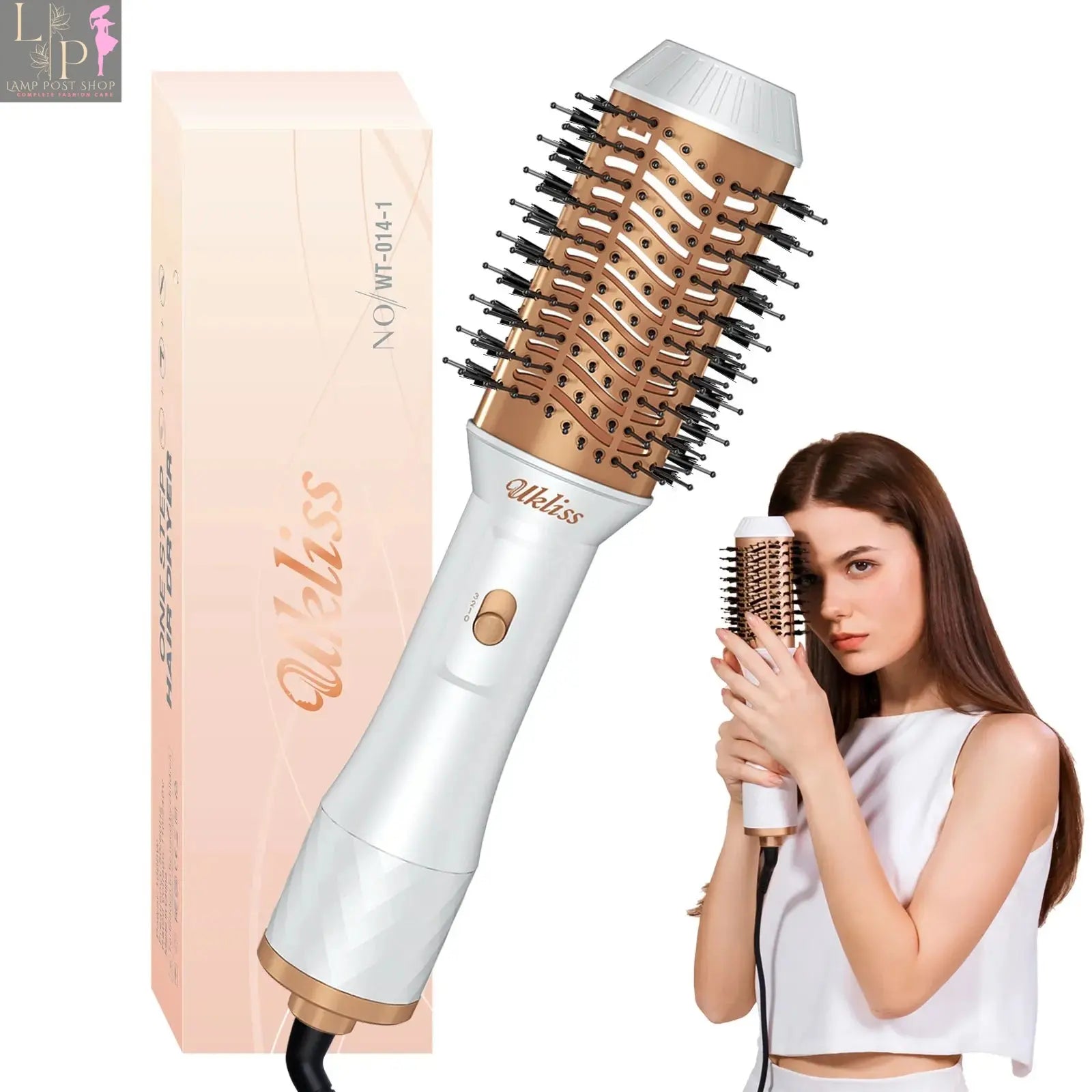 Lamp Post one-step hot air brush hair dryer for women, featuring a straightening brush and blow-drying function.
