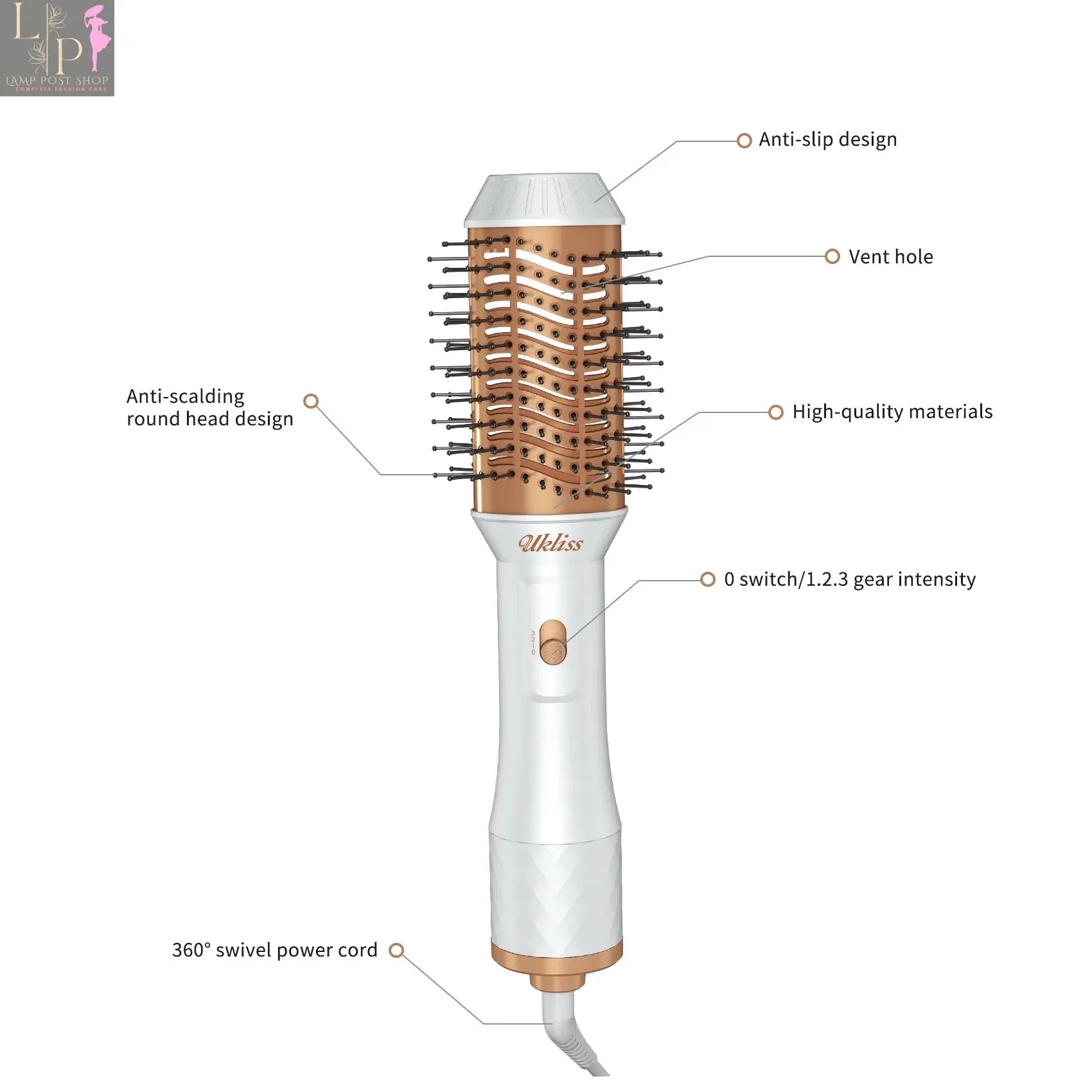 Lamp Post one-step hot air brush hair dryer and straightening brush for women, with a UK plug and multiple styling features.