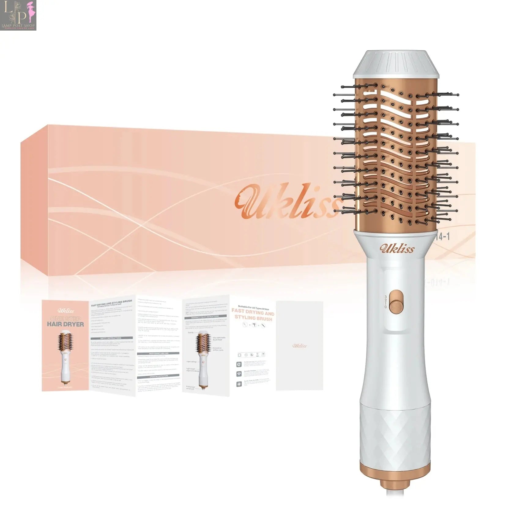 Lamp Post one-step hot air brush hair dryer for women, combines drying and straightening in a sleek hair blow dryer brush.