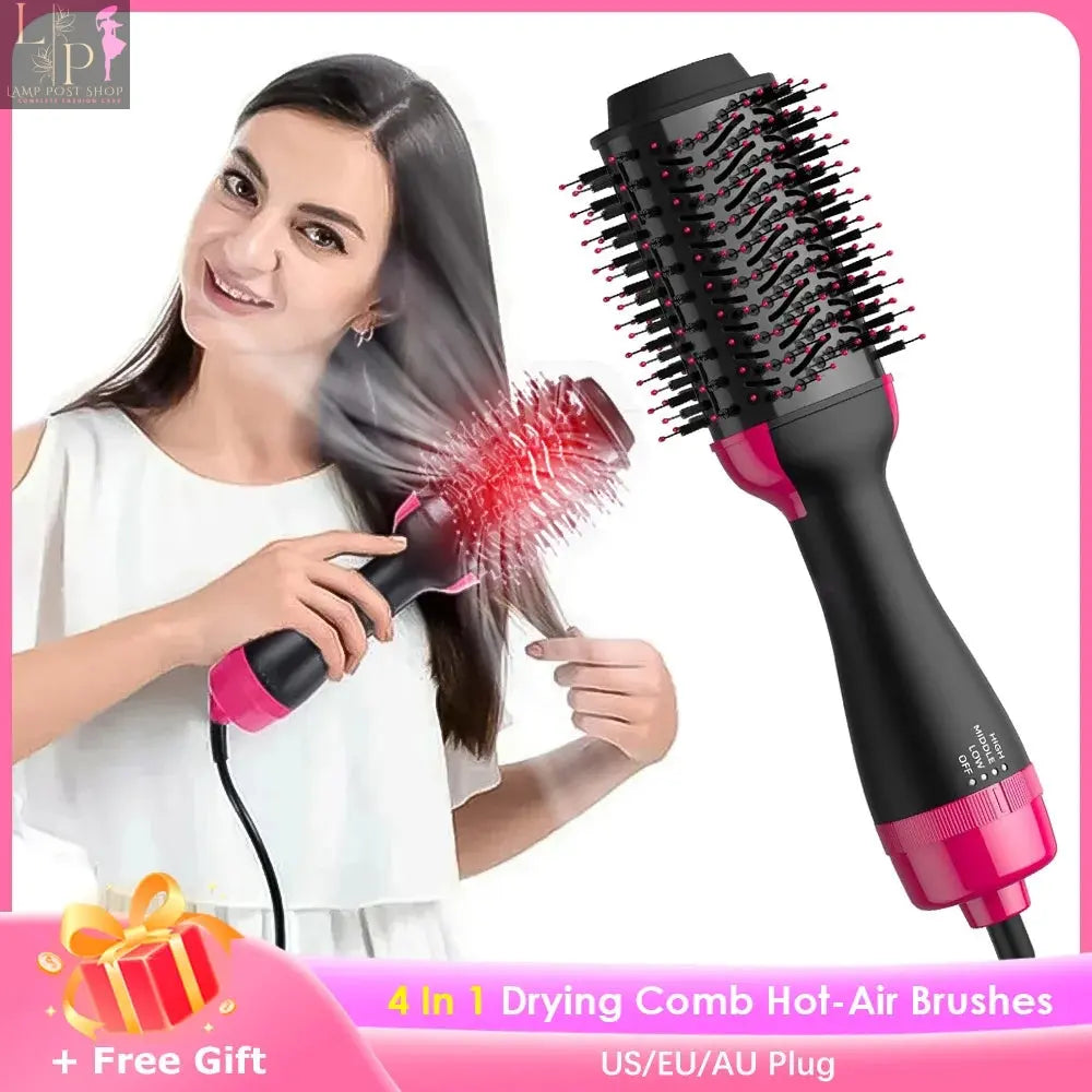 Lamp Post 4-in-1 professional hair dryer in rose red with straight and curly styling options, EU plug, versatile hair drying tool.