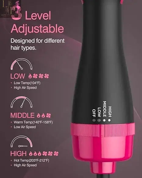 Lamp Post 4-in-1 professional hair dryer in rose red showing straight and curly styling options with EU plug.