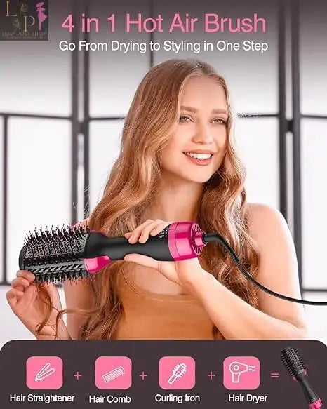 Lamp Post 4-in-1 professional hair dryer in rose red with straight and curly styling options, EU plug and sleek design.
