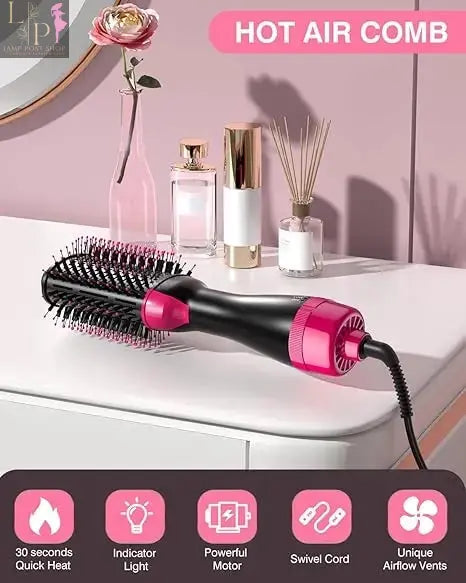 Lamp Post 4-in-1 professional hair dryer in rose red with straight and curly styling options, EU plug, versatile hair drying tool.