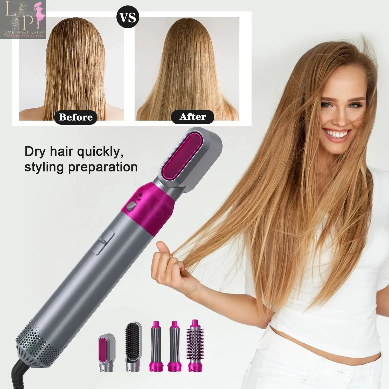 Lamp Post 2-in-1 multi-functional hair dryer comb, UK plug, stylish design, combines drying and styling features.