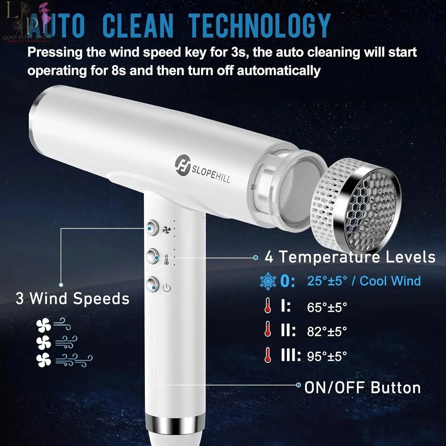 Lamp Post professional ionic hair dryer with diffuser, high-speed blow dryer for salon-quality styling and fast drying.